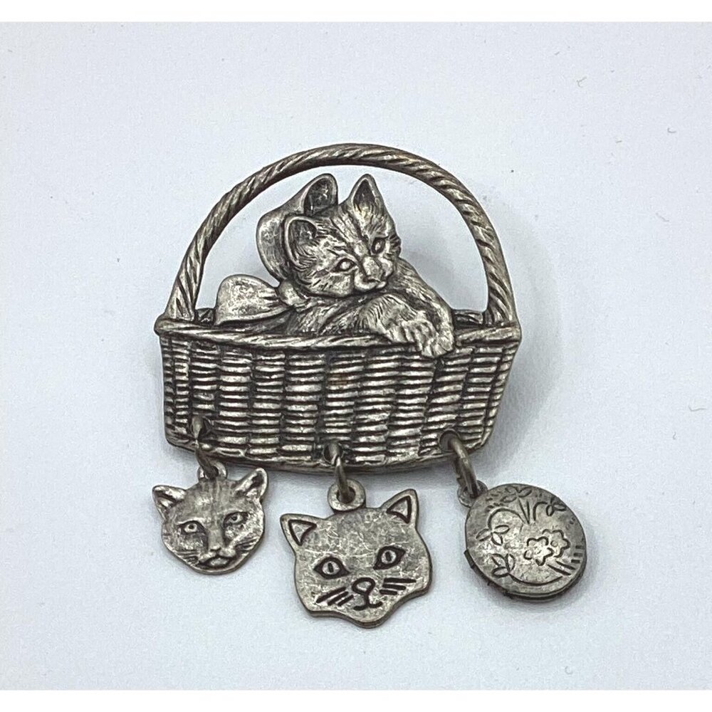1970s Cat Kitten in Basket Brooch Pin Locket Charm